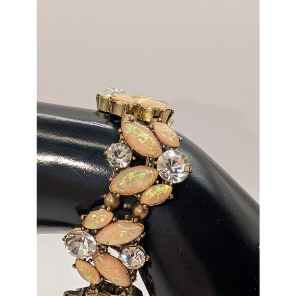 Vintage Opalescent Stone & Clear Rhinestone Gold-Tone Bracelet - Picture 3 of 4